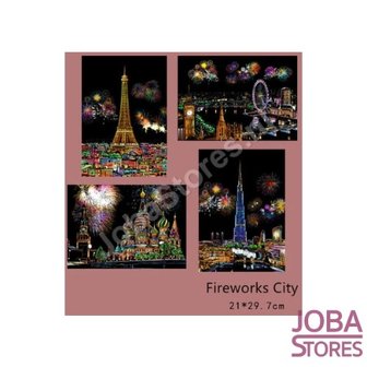 Kras Tekeningen Set Fireworks City 21x29cm (4 stuks)