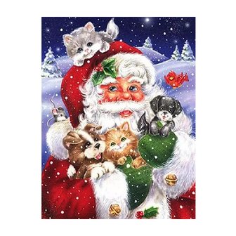 OP=OP Diamond Painting Kerstman met kittens en puppies 30x40cm