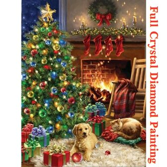 Crystal Diamond Painting Kerstboom met hond en kat (formaat naar keuze)