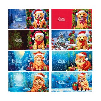 Diamond Painting Kerstkaarten set 08 Honden en Katten (8 stuks)