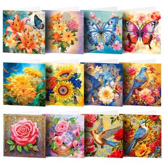 Diamond Painting Wenskaarten set 005 Bloemen, vogels en vlinders (12 stuks)