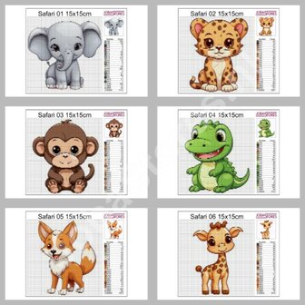 Diamond Painting Patronen set Schattige Safari dieren 01 15x15cm (6 stuks)