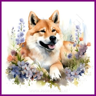 Diamond Painting Akita met bloemen