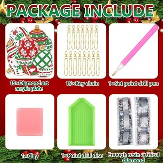 Diamond Painting Sleutelhanger set Kerst YSK164 (15 stuks)