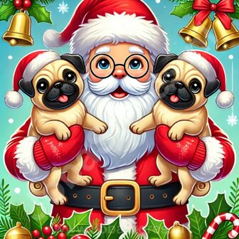 Diamond Painting Kerstman met honden - Mopshond