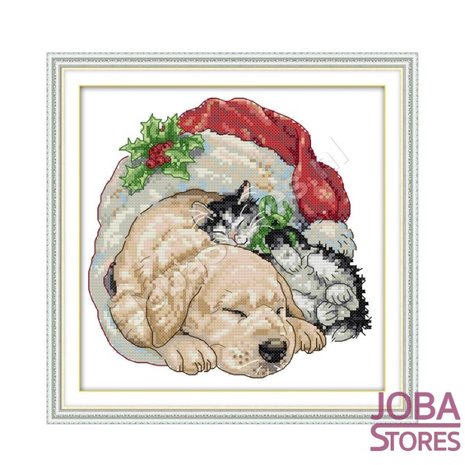 OP=OP Borduur Pakket Kerst Hond & Kat 11CT voorbedrukt (32x32cm)
