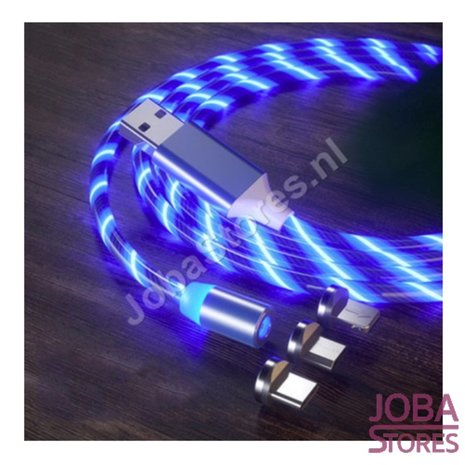 USB kabel magnetisch met verlichting en 3 stekkers (Blauw)