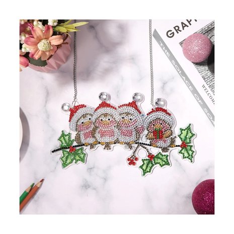 Diamond Painting Hangend Kerst Ornament vogeltjes met kerstmuts (22cm)