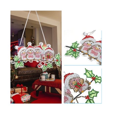 Diamond Painting Hangend Kerst Ornament vogeltjes met kerstmuts (22cm)