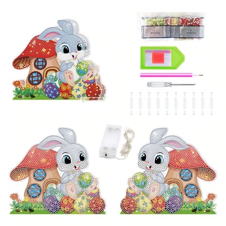 Diamond Painting Staand Paas Ornament met verlichting Haasje met paddestoel (20cm)