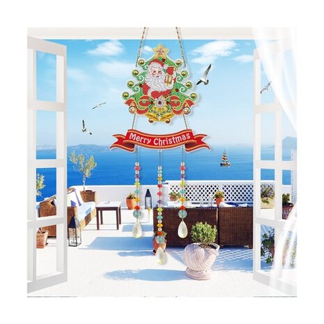 OP=OP Diamond Painting Hangend Ornament met kettinkjes 07 Kerstman-Kerstboom