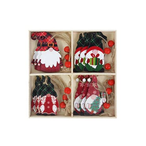 Houten Kerst hangers Gnome - Kabouter in houten kistje (12 stuks)