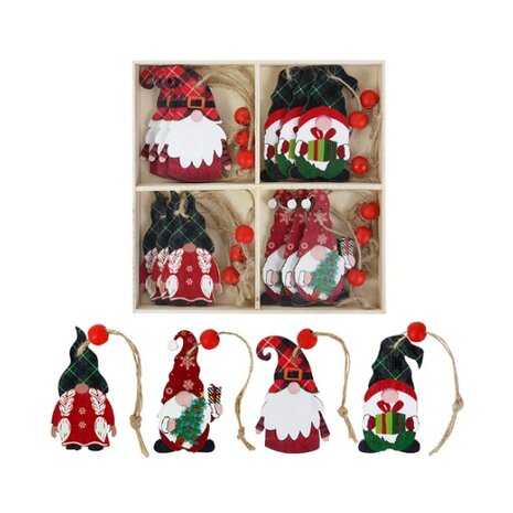 Houten Kerst hangers Gnome - Kabouter in houten kistje (12 stuks)
