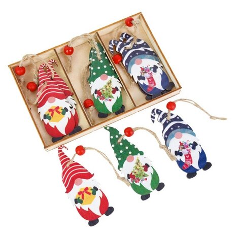 Houten Kerst hangers Gnome - Kabouter in houten kistje (9 stuks)