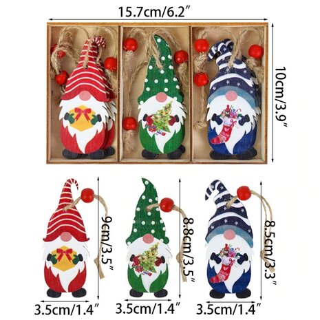 Houten Kerst hangers Gnome - Kabouter in houten kistje (9 stuks)