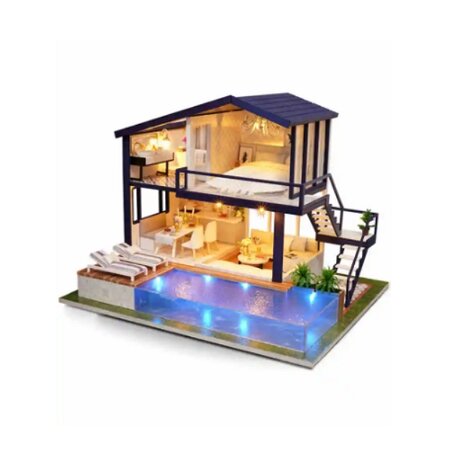 Miniatuur zelfbouw huisje met zwembad (inclusief verlichting)