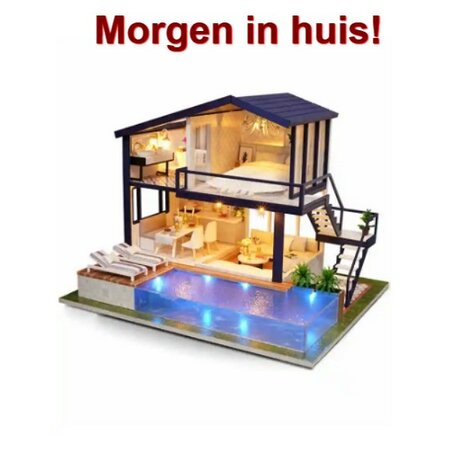 Miniatuur zelfbouw huisje met zwembad (inclusief verlichting)