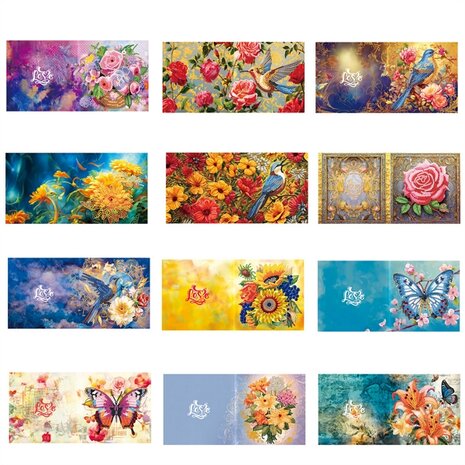 Diamond Painting Wenskaarten set 005 Bloemen, vogels en vlinders (12 stuks)