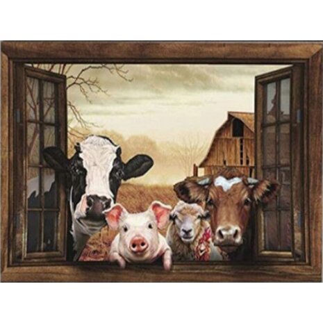 Diamond Painting Raamzicht Koeien, varken en schaap