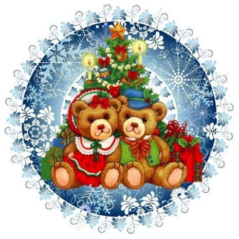 Diamond Painting Kerst - Teddyberen met kerstboom in cirkel