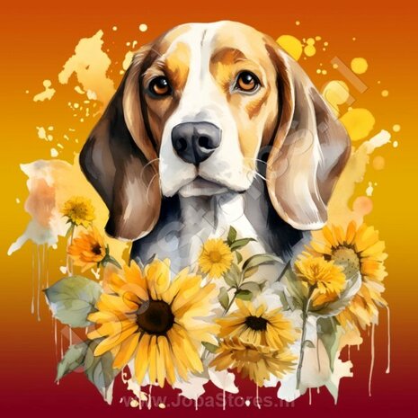 Diamond Painting Beagle met zonnebloemen