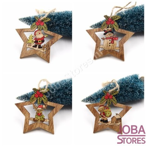 Houten Kerst Hangers Sterren Assorti (4 stuks)