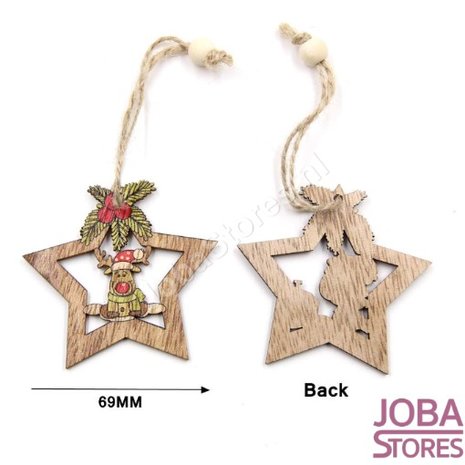 Houten Kerst Hangers Sterren Assorti (4 stuks)