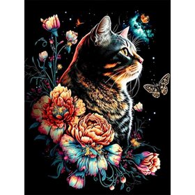 Diamond Painting Katten met bloemen 01 (formaat en vorm steentjes naar keuze)