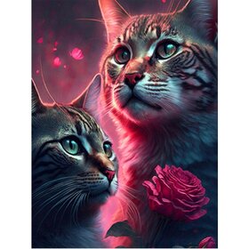 Diamond Painting Katten met bloemen 05 (formaat en vorm steentjes naar keuze)