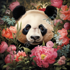 Diamond Painting Panda tussen bloemen (formaat en vorm steentjes naar keuze)