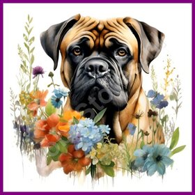 Diamond Painting BullMastiff met bloemen (formaat en vorm steentjes naar keuze)