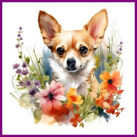 Diamond Painting Chihuahua met bloemen 04 (formaat en vorm steentjes naar keuze)
