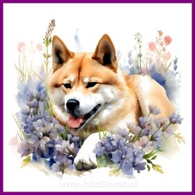 Diamond Painting Akita met bloemen 02 (formaat en vorm steentjes naar keuze)