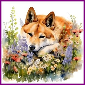 Diamond Painting Akita met bloemen 03 (formaat en vorm steentjes naar keuze)