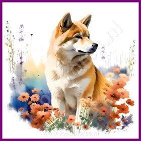 Diamond Painting Akita met bloemen 04 (formaat en vorm steentjes naar keuze)
