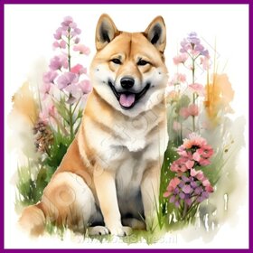 Diamond Painting Akita met bloemen 05 (formaat en vorm steentjes naar keuze)