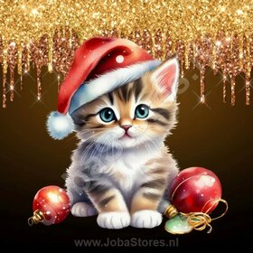 Diamond Painting Kerst Kitten 01 (formaat en vorm steentjes naar keuze)