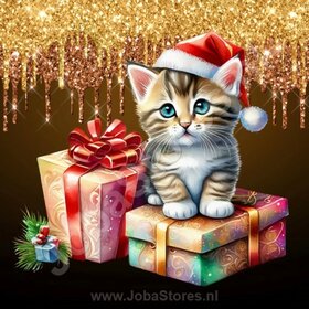 Diamond Painting Kerst Kitten 02 (formaat en vorm steentjes naar keuze)