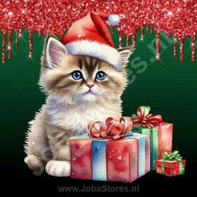 Diamond Painting Kerst Kitten 07 (formaat en vorm steentjes naar keuze)