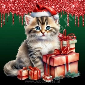 Diamond Painting Kerst Kitten 08 (formaat en vorm steentjes naar keuze)