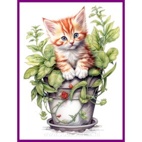 Diamond Painting Kitten in plantenpot 01 (formaat en vorm steentjes naar keuze)