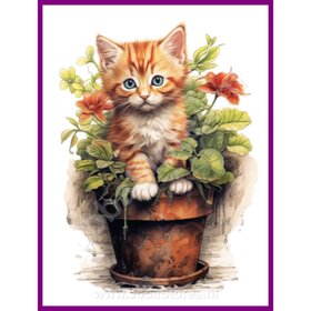 Diamond Painting Kitten in plantenpot 05 (formaat en vorm steentjes naar keuze)