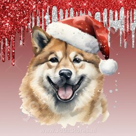 Diamond Painting Akita met Kerstmuts (formaat en vorm steentjes naar keuze)