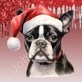 Diamond Painting Bostonterrier met Kerstmuts (formaat en vorm steentjes naar keuze)