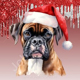 Diamond Painting Boxer met Kerstmuts (formaat en vorm steentjes naar keuze)