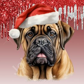 Diamond Painting Bullmastiff met Kerstmuts (formaat en vorm steentjes naar keuze)