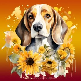 Diamond Painting Beagle met zonnebloemen (formaat en vorm steentjes naar keuze)