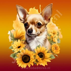 Diamond Painting Chihuahua met zonnebloemen (formaat en vorm steentjes naar keuze)