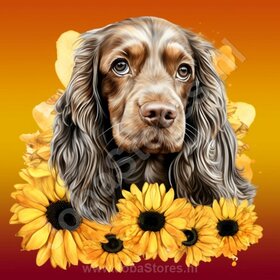Diamond Painting Cocker Spaniel met zonnebloemen (formaat en vorm steentjes naar keuze)