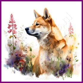 Diamond Painting Akita met bloemen 06 (formaat en vorm steentjes naar keuze)